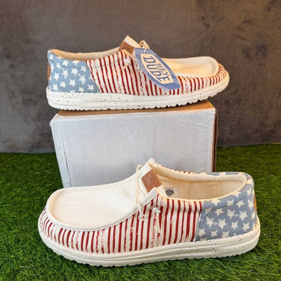 Hey Dude Wally American Flag Stars Stripes Shoes Loafer USA Men\'s Size 12 NWT